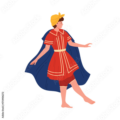 Retro female wearing traditional Victorian swimsuit and headscarf, standing isolated on white vector illustration