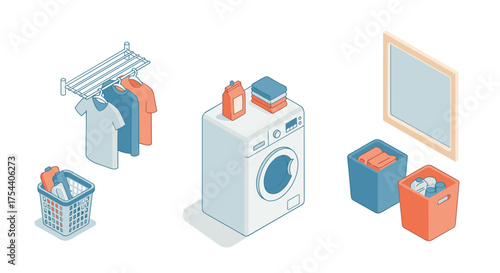 Isometric laundry room with washing machine and hanging clothes