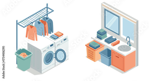 Isometric laundry room with washer dryer and organized shelving