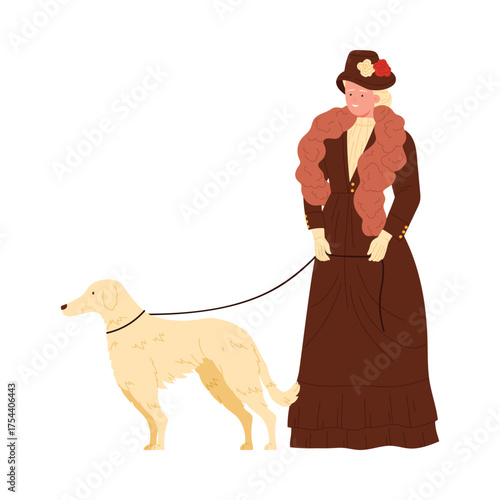 Elegant Victorian woman with dog on leash, vintage fashion, white background, isolated vector illustration