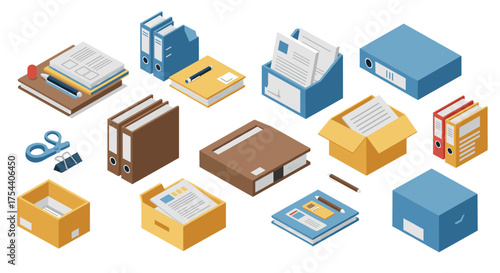 Isometric office organization essentials: files, folders, and storage boxes