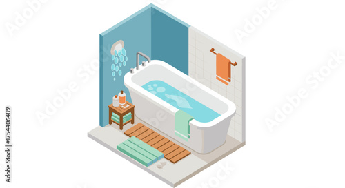 Isometric bathroom with bathtub and modern decor elements for relaxation