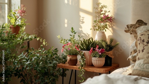 Showing potted plants sitting on wooden side table in bedroom corner, with clay pot and quilt