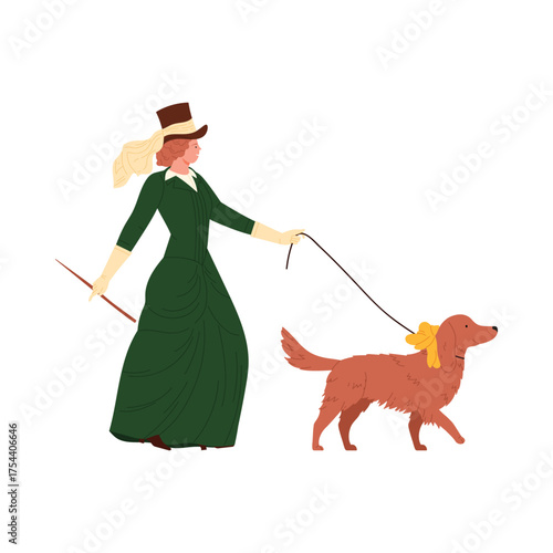 Elegant Victorian woman in green dress walking her dog with yellow bow, isolated vector illustration