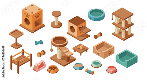 Isometric cat furniture set with play towers and accessories for pets