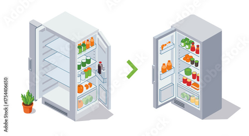 Isometric empty and full fridge transformation with food and drinks