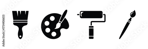 Set of four minimalist vector icons featuring painting tools including brushes and paint roller scalable eps silhouette vector illustration white background