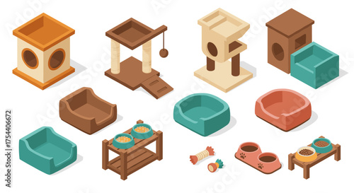 Isometric pet furniture and accessories set for cats and small animals