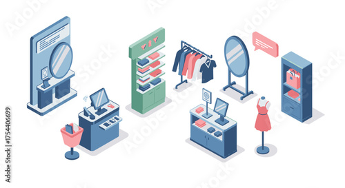 Isometric fashion boutique display with modern interior elements and clothing racks