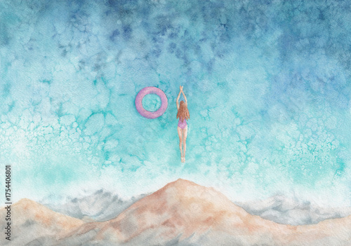 Nature seascape young woman jumping from cliff into  sea. Lovely, airy, fresh, light landscape. Watercolor painting