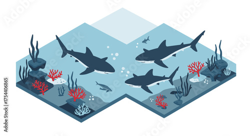 Isometric ocean scene with sharks and coral reefs