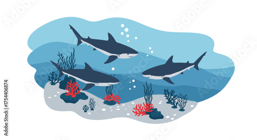 Ocean scene with sharks and coral in flat design