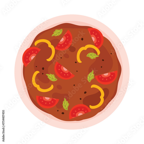 Top view of traditional UAE stew with vegetables and herbs on white isolated background vector illustration