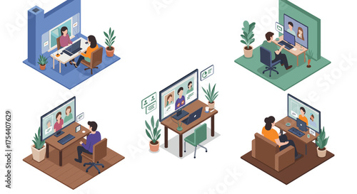 Isometric home office video conference scenes with diverse workspaces and people