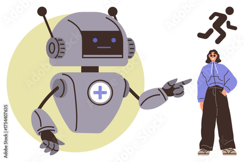 AI robot with a medical cross emblem pointing towards a person standing, suggesting interaction and technology guidance. Ideal for AI, healthcare, tech engagement, guidance, decision-making