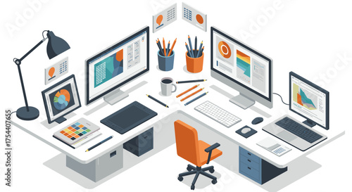 Creative workspace with dual monitors and design tools in modern isometric style