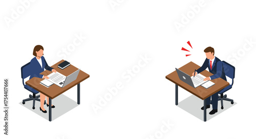 Isometric office communication with colleagues at desks