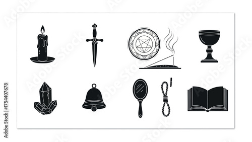 Mystical Collection: An array of enchanting symbols, including a candle, dagger, and crystal, are arranged to evoke a sense of mystery, perfect for projects. 