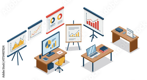 Isometric office workspace with presentation charts and graphs