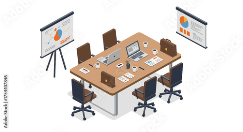 Isometric office meeting room setup with laptops, presentation boards, and chairs