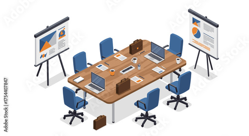 Modern isometric office meeting room with presentation charts