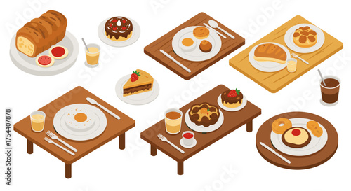 Isometric breakfast variety with pastries, fruits, and drinks on wooden tables