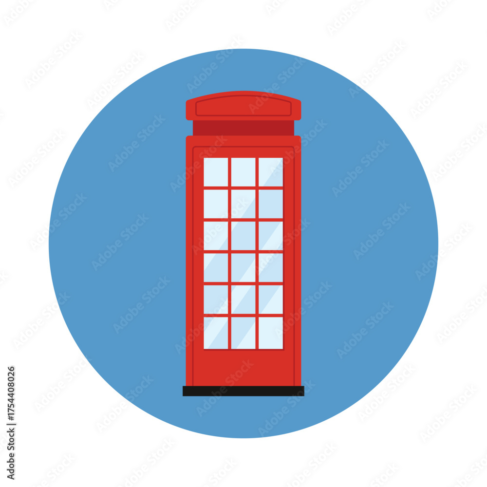 Obraz premium Iconic British red telephone box isolated on blue circle background for UK themed design vector illustration