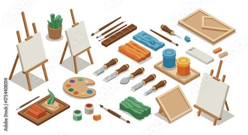 Art supplies collection featuring easels, brushes, and paints in isometric design for creative projects