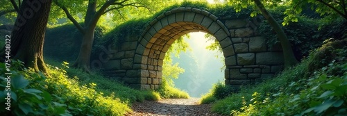 Sunlit Stone Archway in Lush Forest A Mystical Nature Scene Perfect for Fantasy, Travel, and Architectural Projects