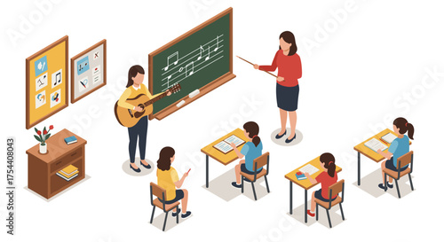 Music lesson in classroom setting with teacher and students in isometric style