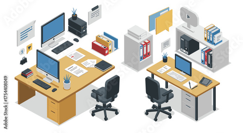 Modern isometric office workspace with desks and computer setup