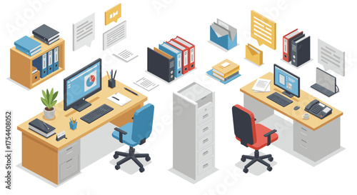 Modern office workspace isometric design with desks and shelves