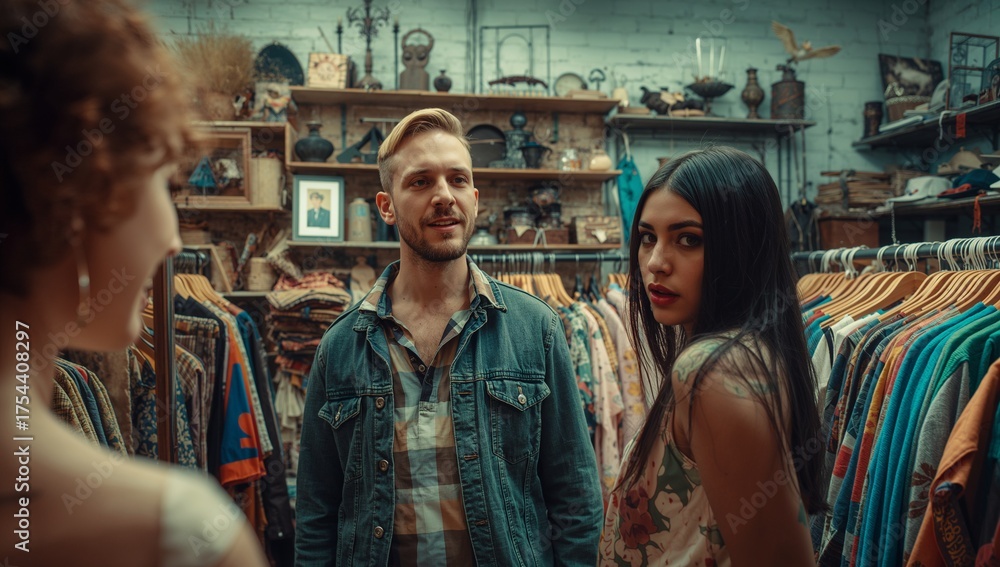 Fototapeta premium Browsing three friends examining vintage garments on wooden racks in boutique, with tribal masks