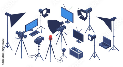 Digital filmmaking equipment isometric collection with cameras and lighting