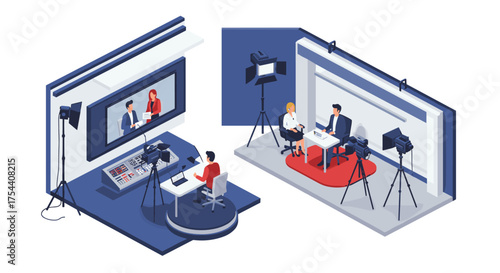 Modern television studio setup with anchors and crew in isometric style