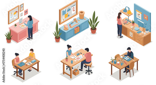 Creative workspace isometric designs featuring artists and crafters in modern office settings