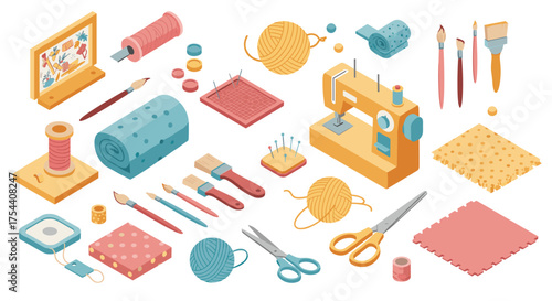 Isometric sewing and crafting essentials set with tools and accessories