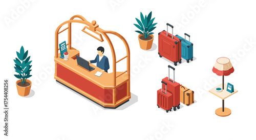 Hotel reception with luggage and plants in isometric design