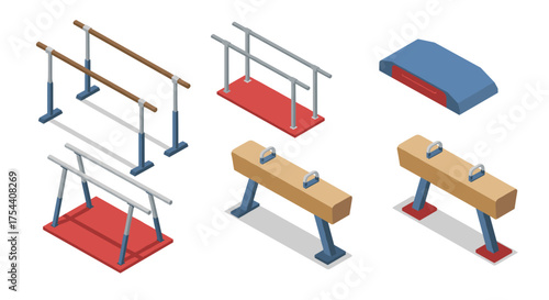 Isometric gymnastics equipment set featuring parallel bars, vault, and balance beam