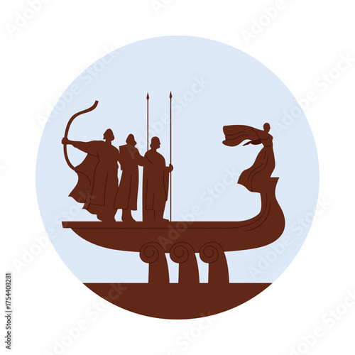 Isolated silhouette of Kyiv founders monument in round icon style for Ukrainian heritage vector illustration