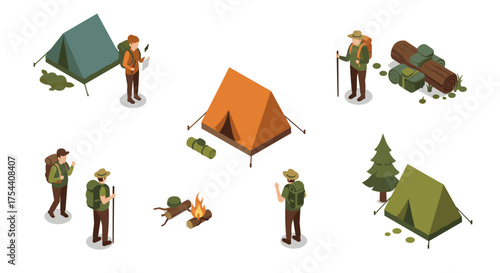 Isometric camping adventure scene with tents, campfire, and hikers in nature setting