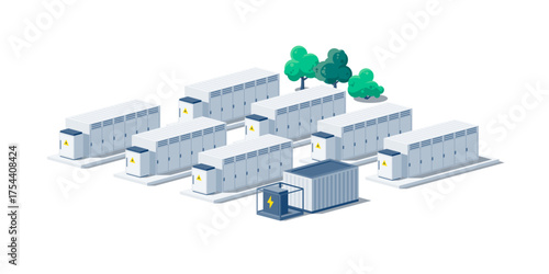 Rechargeable battery energy storage power bank containers for renewable energy. Industry utility scale system for electricity distribution transmission grid. Isolated vector illustration on white. 