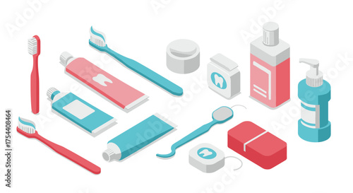 Isometric dental care products collection for oral hygiene and tooth protection