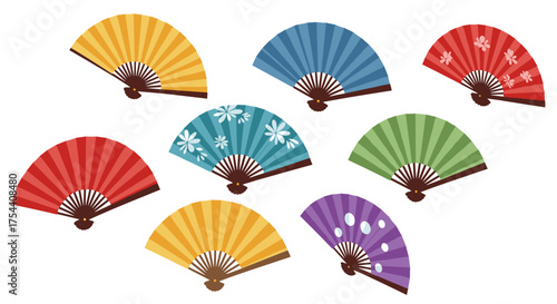 Colorful foldable hand fans with floral patterns in flat design