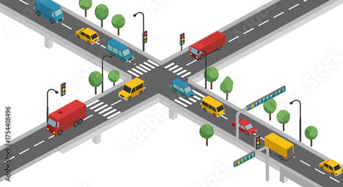 Isometric city intersection with cars and trucks on elevated roads and traffic signals