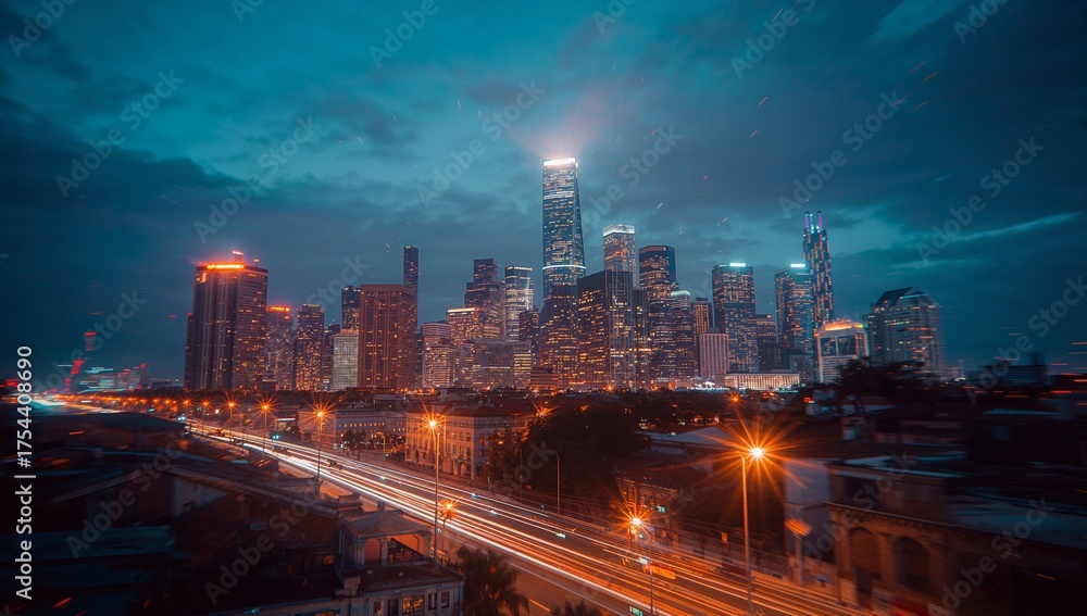 Obraz premium Showcasing illuminated skyscraper cluster towering in city at night, with highway light trails