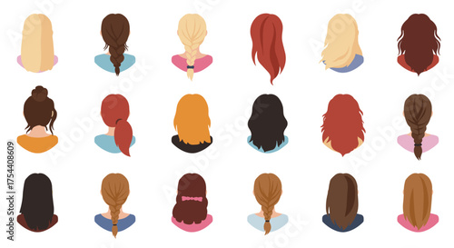 Diverse hairstyles collection featuring women with various hair colors and styles