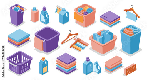 Colorful isometric laundry items with baskets, detergents, and hangers