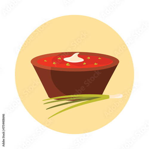Traditional Ukrainian borscht soup with sour cream and green onion isolated vector illustration