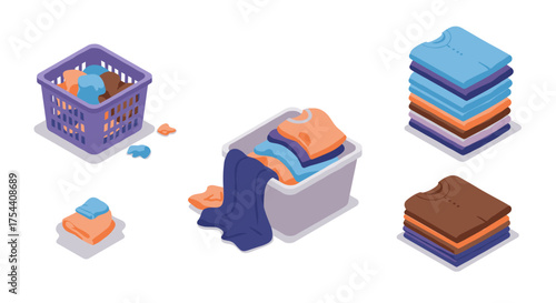 Isometric laundry scene with clothes in baskets and folded stack